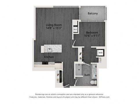 Floor plan for 1 bed, 1 bath, 825 sqft